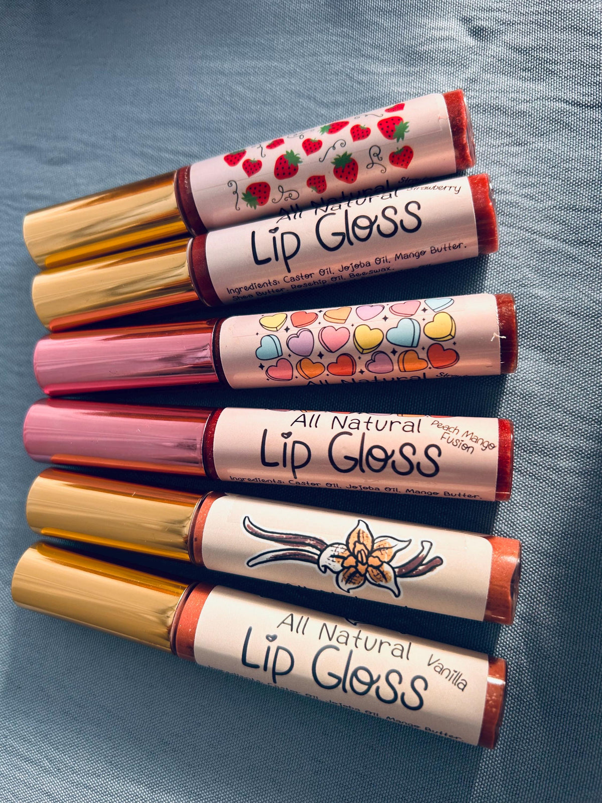 All Natural Lip Gloss • Organic • Strawberry • Vanilla • Peach • Cherry • Blackberry Acai • Watermelon