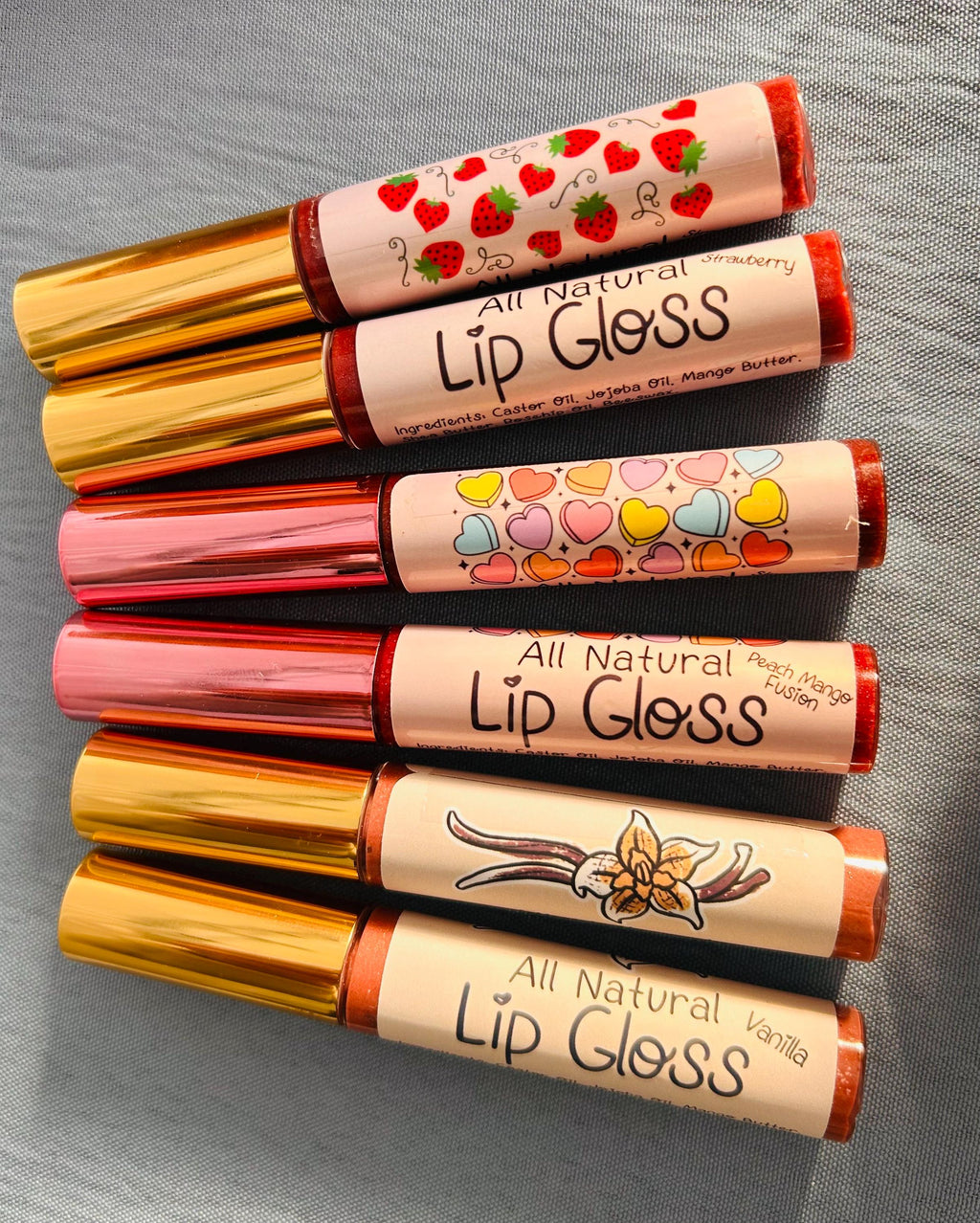 All Natural Lip Gloss • Organic • Strawberry • Vanilla • Peach • Cherry • Blackberry Acai • Watermelon